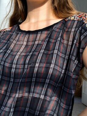 Zara | Black Sheer Plaid Short-Sleeve Blouse with Red Accents, Size M